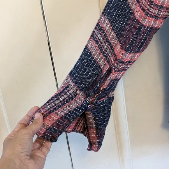 Free People Oversized Sequins Plaid Knit V-Neck Long Sleeve Blouse - Picture 4 of 5